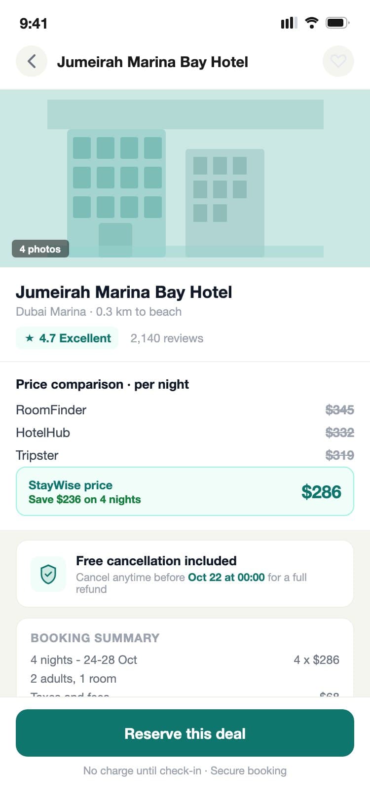 Hotel detail screen with a price comparison list, free cancellation card, booking summary, and a reserve CTA button
