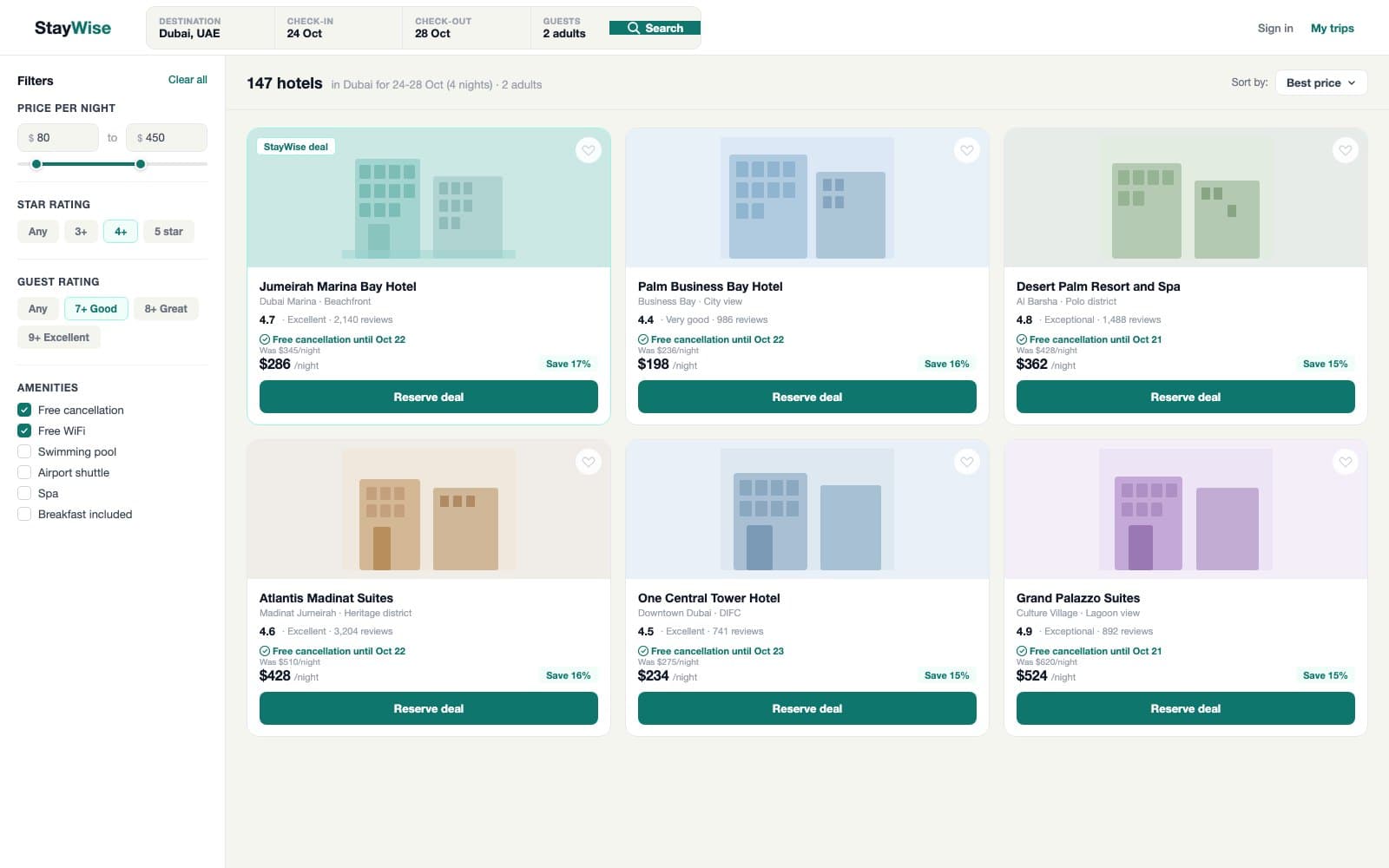 StayWise web search results with a filter sidebar on the left and a six-card hotel grid with SVG hotel illustrations