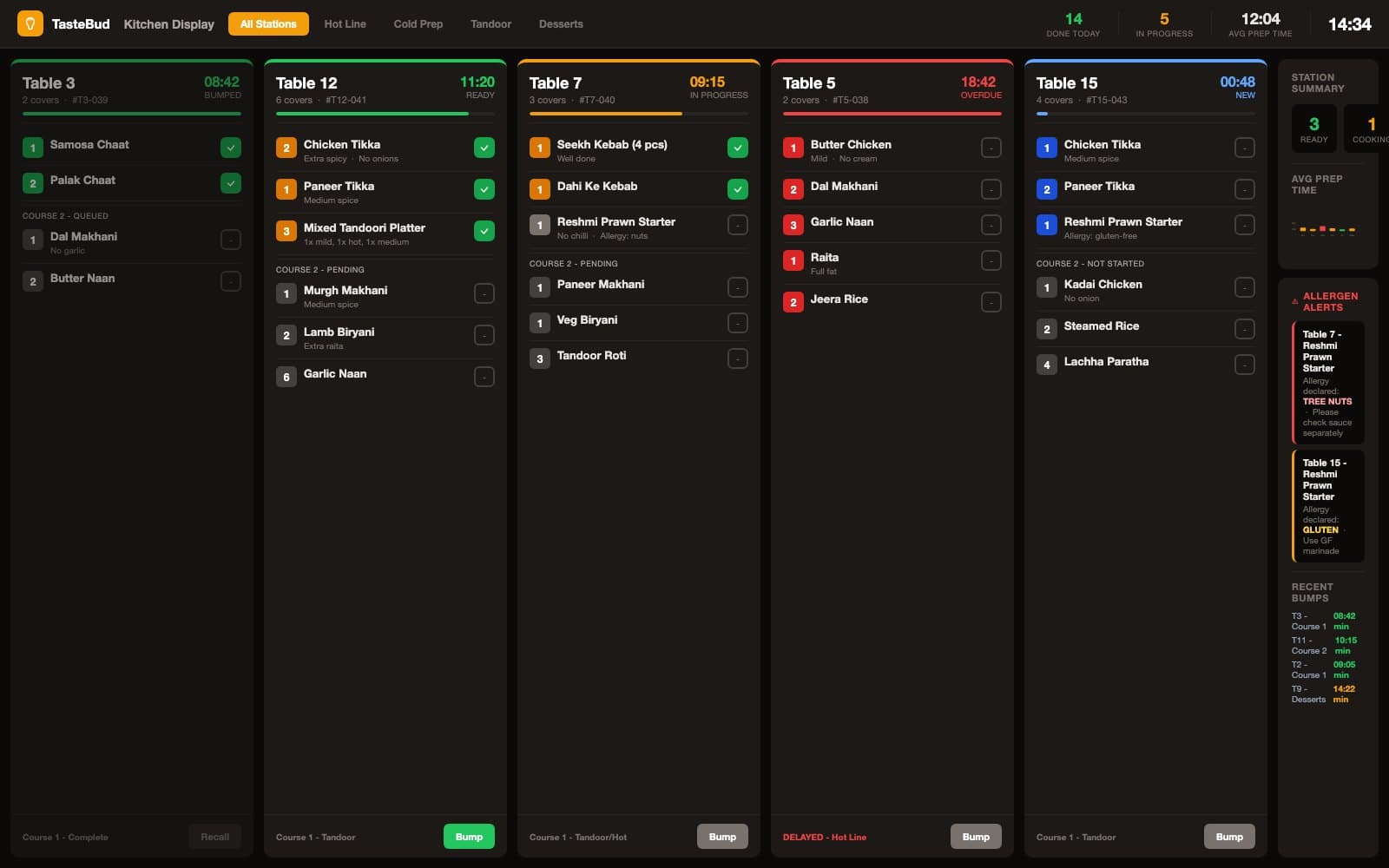 TasteBud kitchen display system showing order cards by status with bump controls and allergen alerts