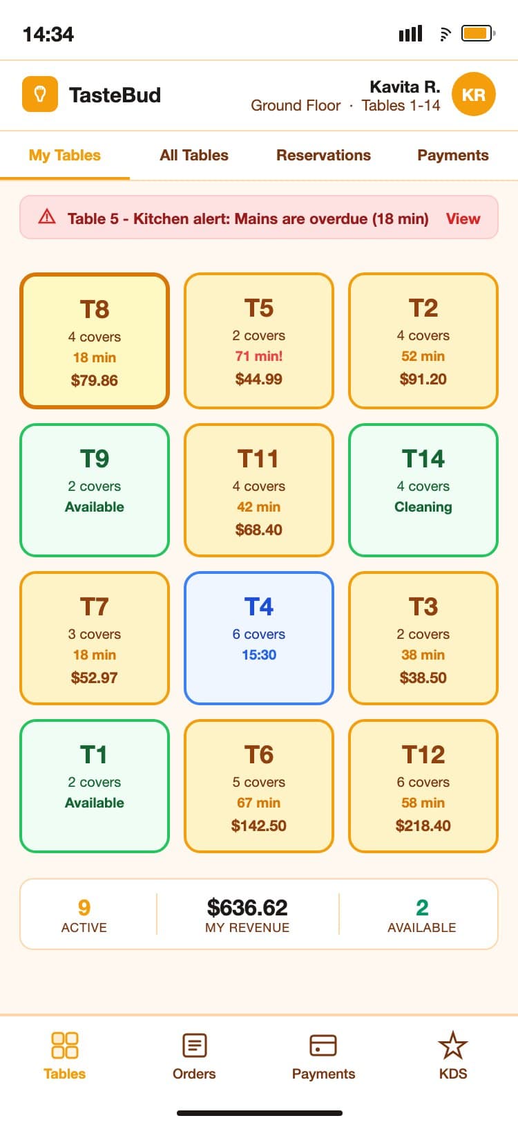 TasteBud waiter mobile app with table grid, status indicators and quick revenue summary
