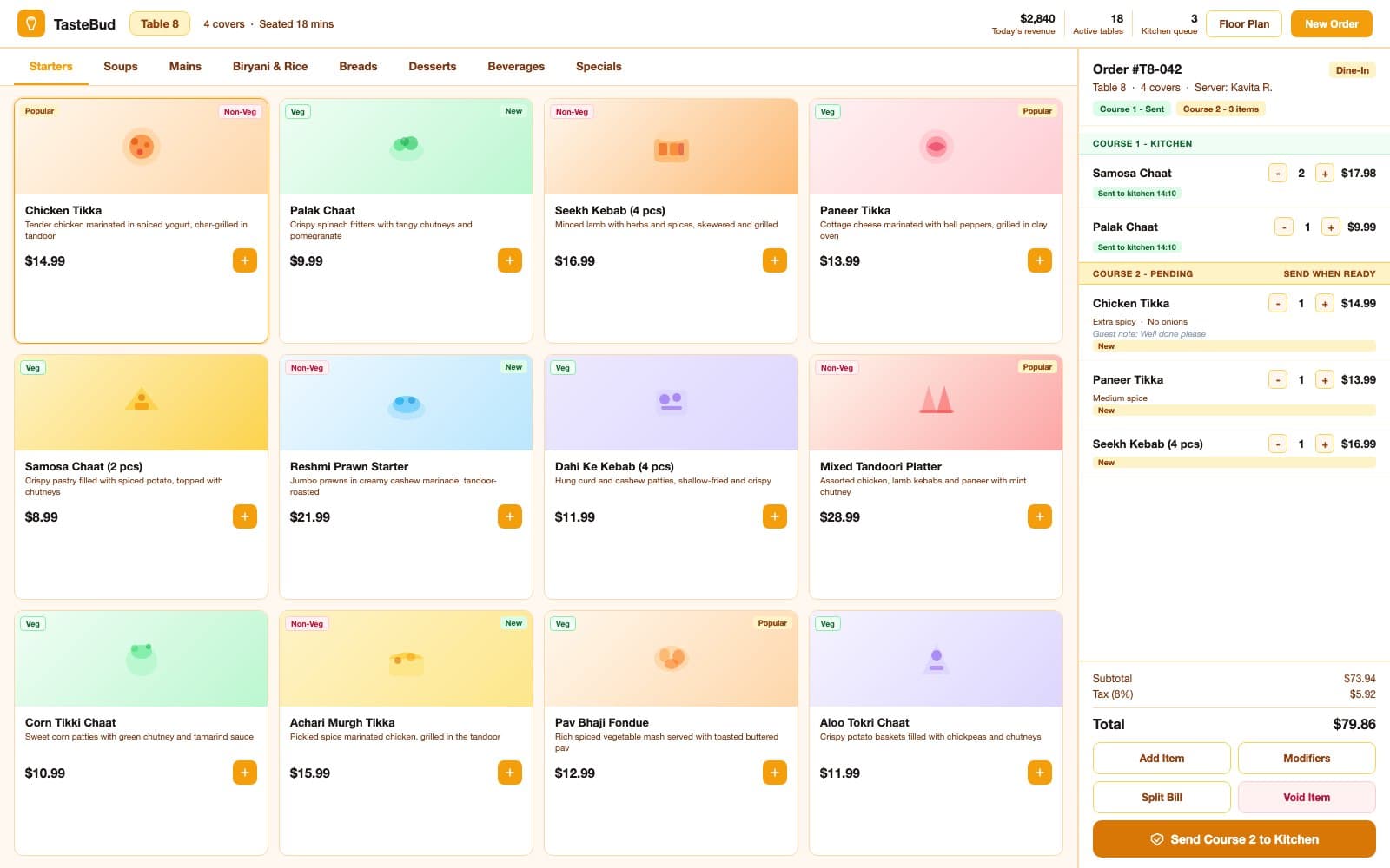 TasteBud POS order entry screen with menu grid, course management and order summary panel