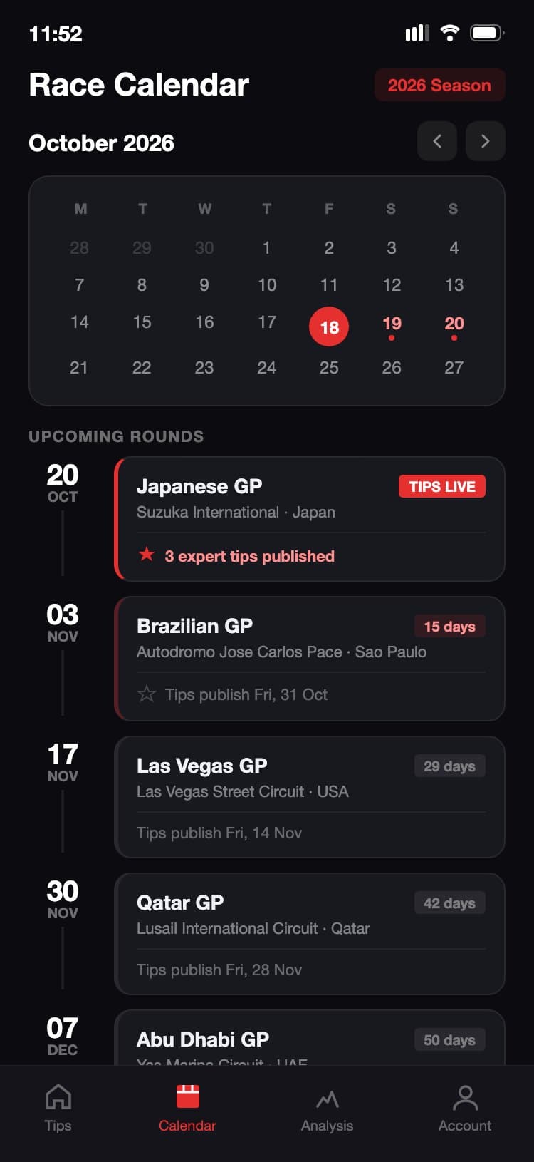 Race calendar screen with a mini monthly grid, race-day indicators, and an upcoming races timeline below