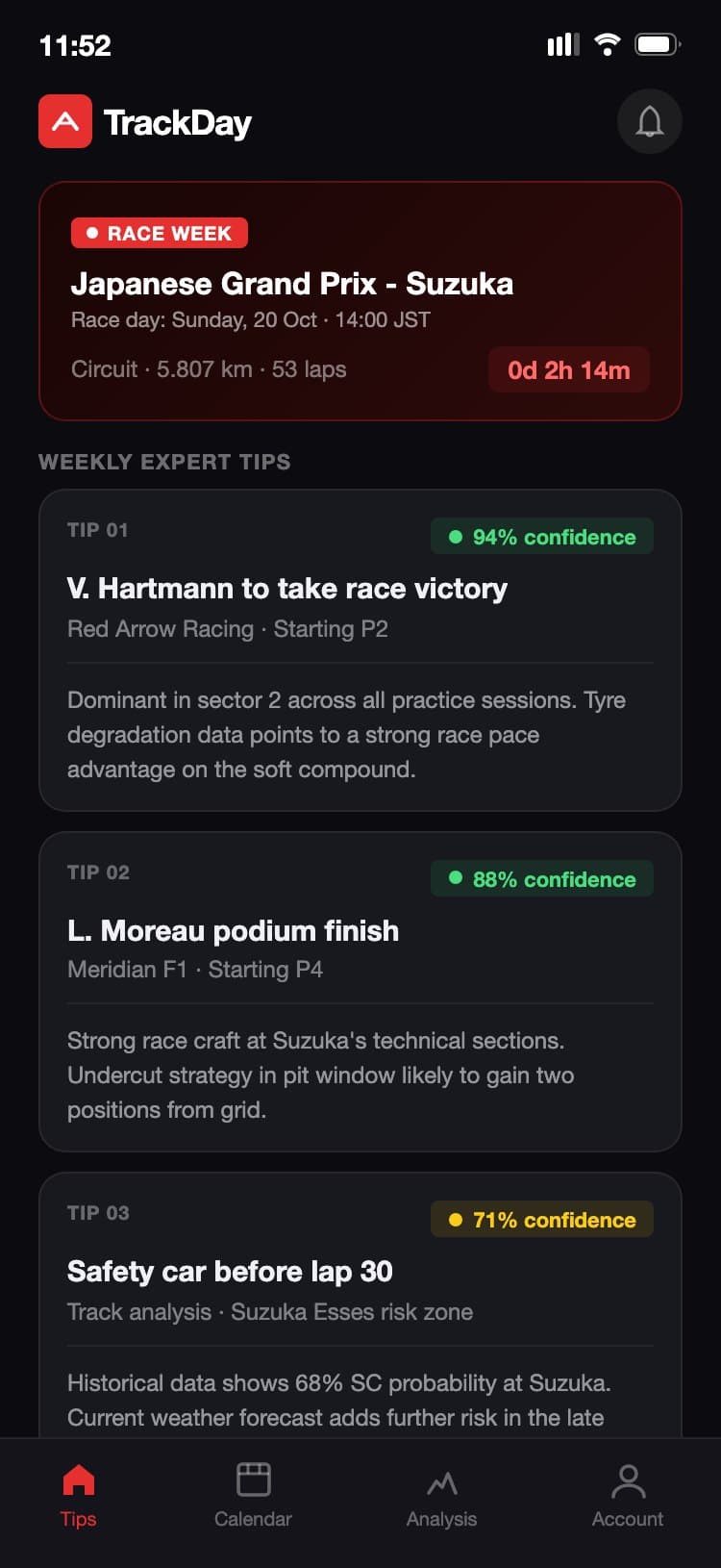 TrackDay tips feed in dark mode showing three race tips with confidence percentage badges and race week countdown