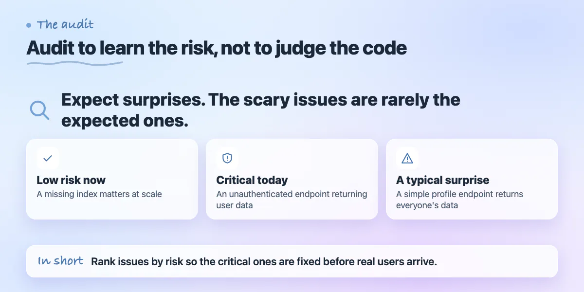Callout: an audit ranks issues from low risk to critical, and often finds surprises like endpoints that return every user's data