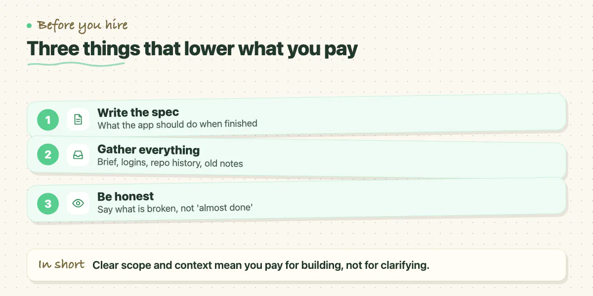 Three steps to cut cost: write the spec, gather all materials, and be honest about what is broken