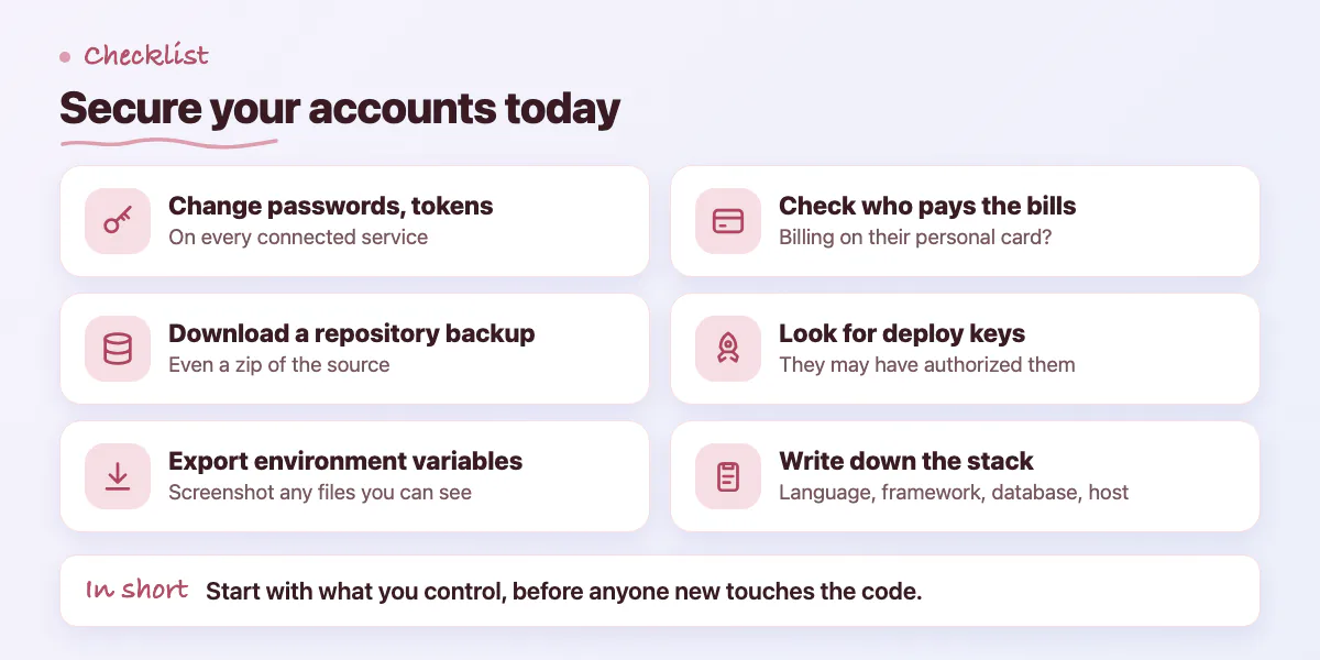 Checklist of six steps to secure accounts after a developer disappears