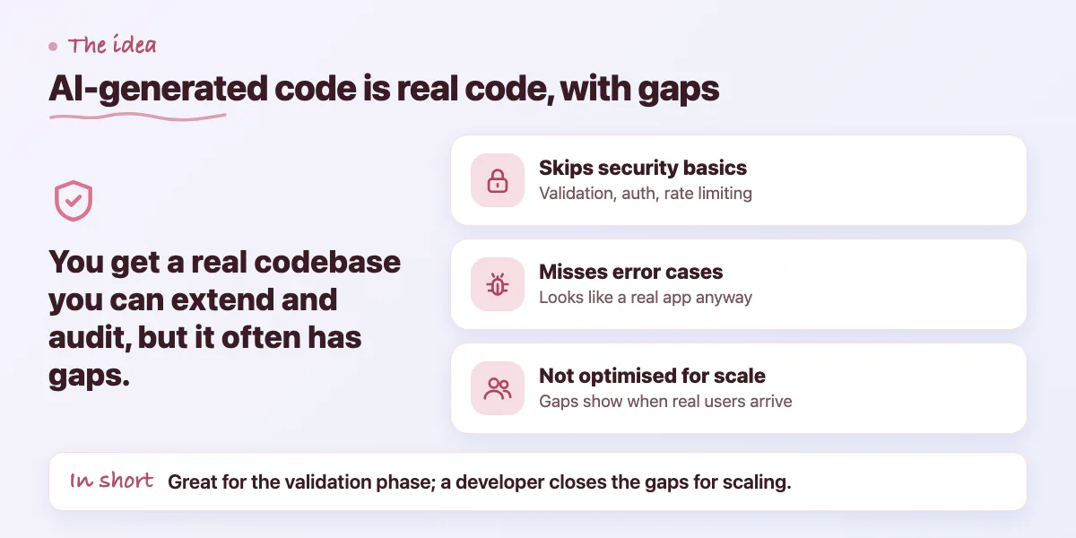 Callout: AI tools give you a real codebase, but it often skips security, error handling and scale