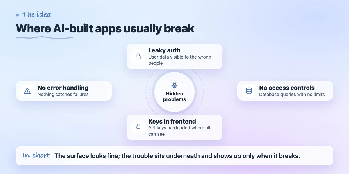 Concept map of four common problems in AI-built apps: leaky auth, no access controls, keys in frontend, no error handling