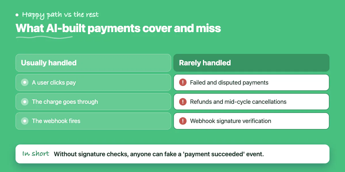 Comparison of the payment steps AI code usually handles against the failure cases and webhook verification it misses
