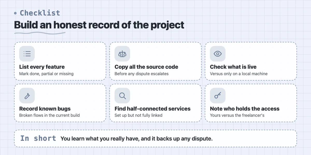 Checklist of six items to document an unfinished project: features, source code, live status, bugs, services, access