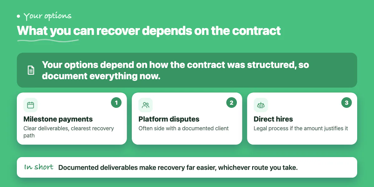 Callout: recovery options depend on the contract, with milestone payments clearest, platform disputes next, and direct hires hardest