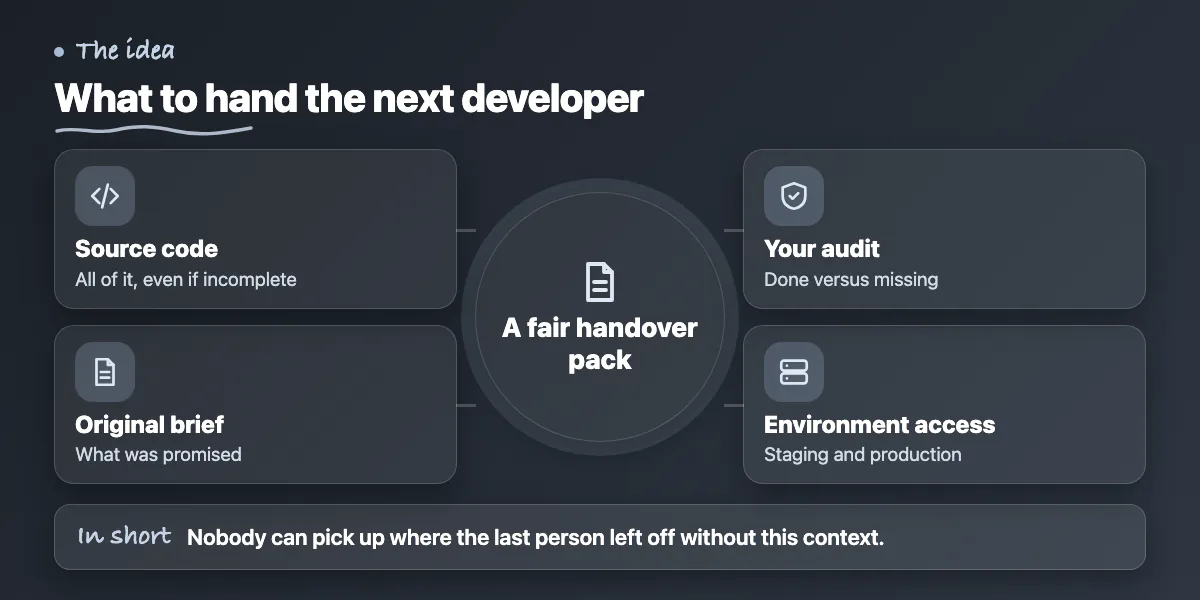 Concept map of what to give a new developer: source code, original brief, audit, environment access