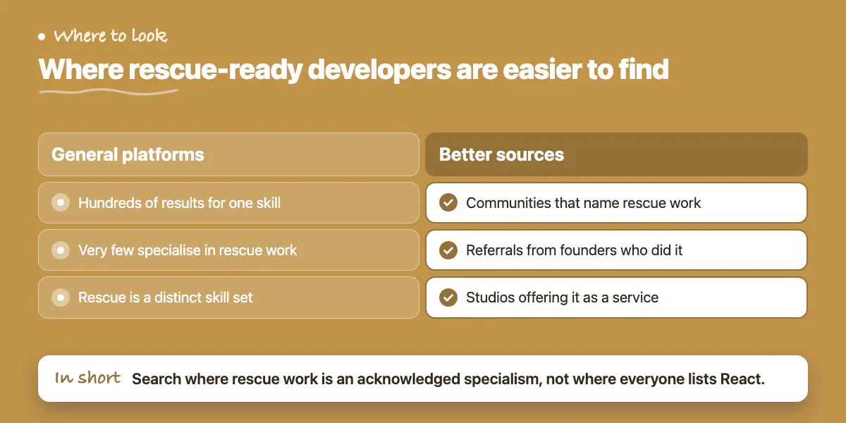 Comparison of general freelance platforms with communities, referrals and studios as sources for rescue developers