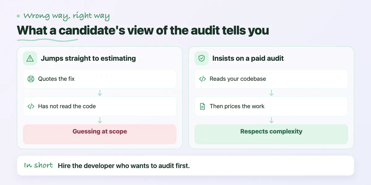 Two lanes: estimating without reading the code means guessing at scope; insisting on a paid audit shows respect for complexity