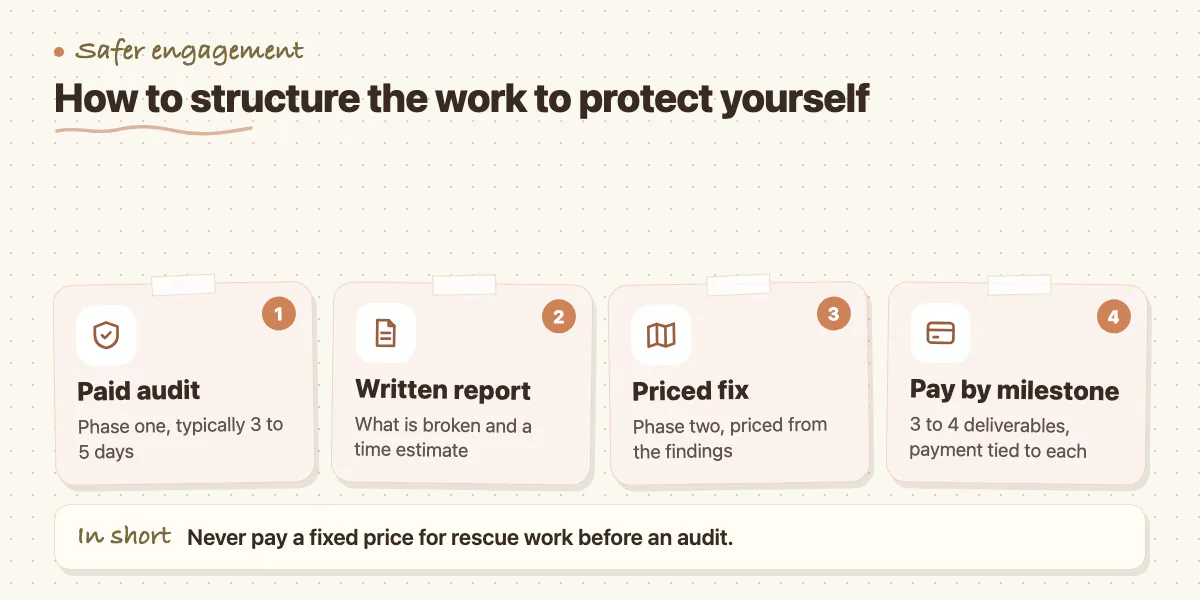 Four steps: paid audit, written report, fix priced from findings, milestone-based payments