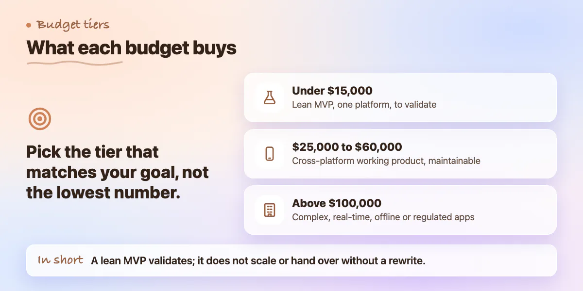 Callout of budget tiers: under $15,000 lean MVP, $25,000 to $60,000 working product, above $100,000 complex apps