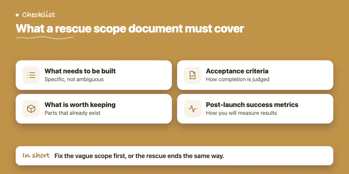 Checklist for a rescue scope document: what to build, what to keep, acceptance criteria, success metrics