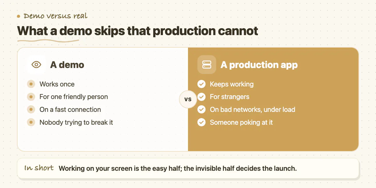 Comparison of a demo, which works once for one friendly person, with a production app that must work for strangers under load