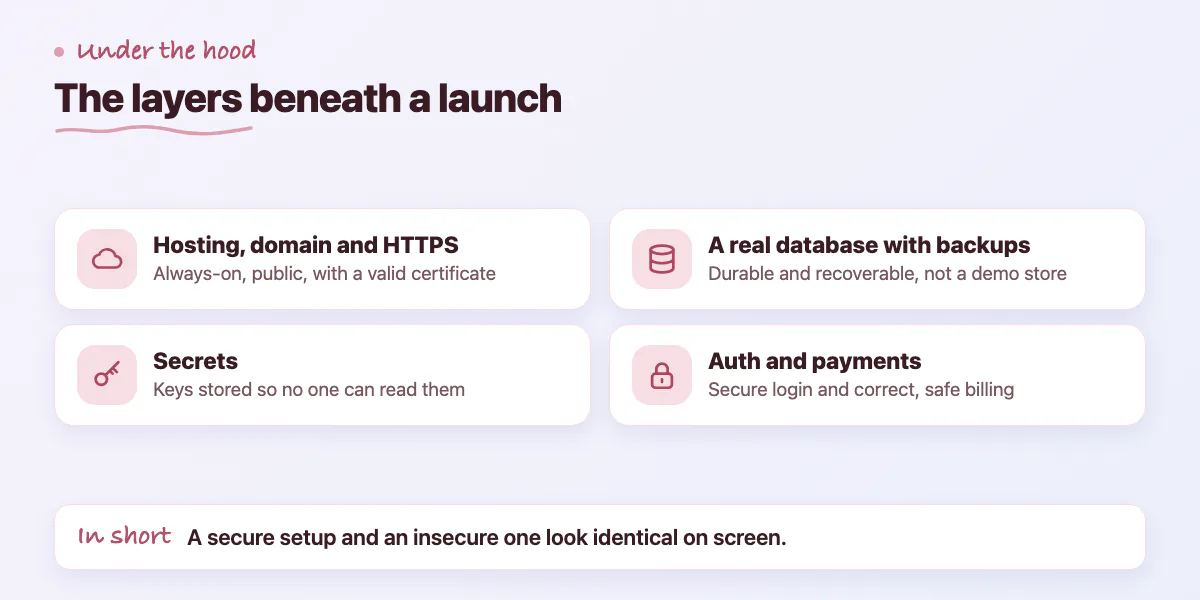 Checklist of launch layers: hosting, domain and HTTPS, secrets, database with backups, and auth and payments