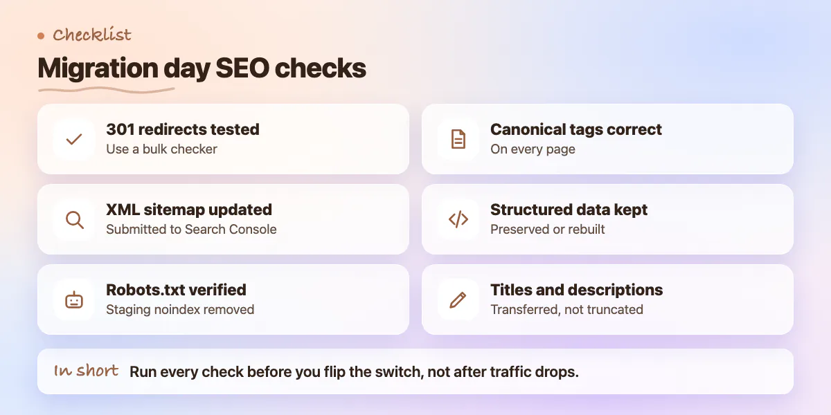 Checklist for migration day: redirects, sitemap, robots.txt, canonical tags, structured data, titles and descriptions