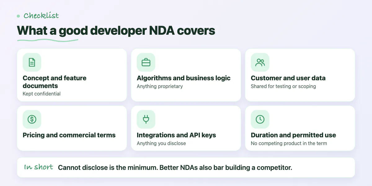 Checklist of six things a developer NDA should cover, from feature documents to duration and permitted use