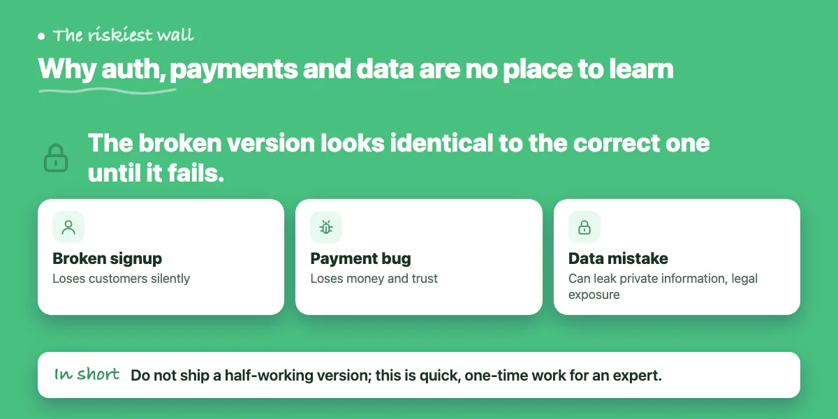 Callout: broken auth, payments or data handling fail silently and cost customers, money, trust and legal exposure