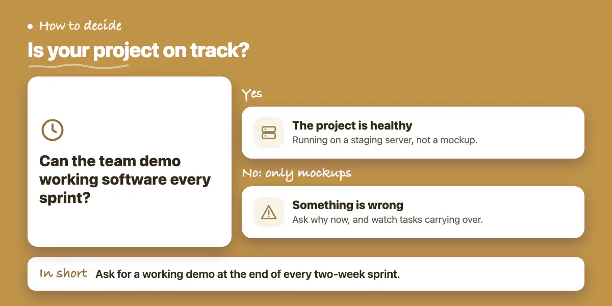 Decision chart: if the team shows working software each sprint the project is healthy, otherwise something is wrong