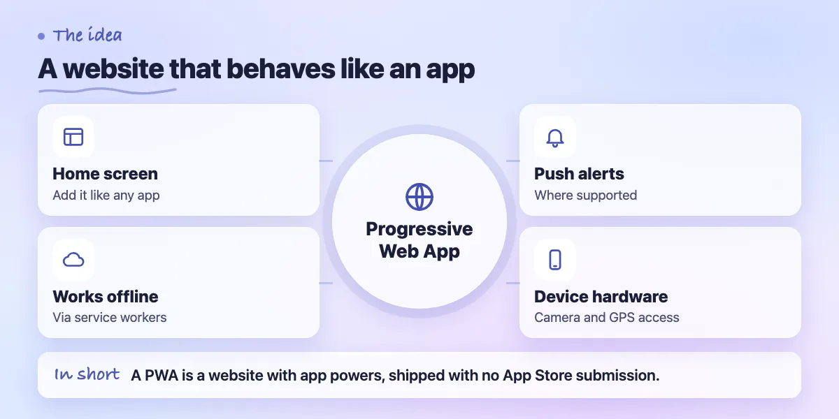 Concept map: a progressive web app with home screen, offline, push notifications and device hardware abilities