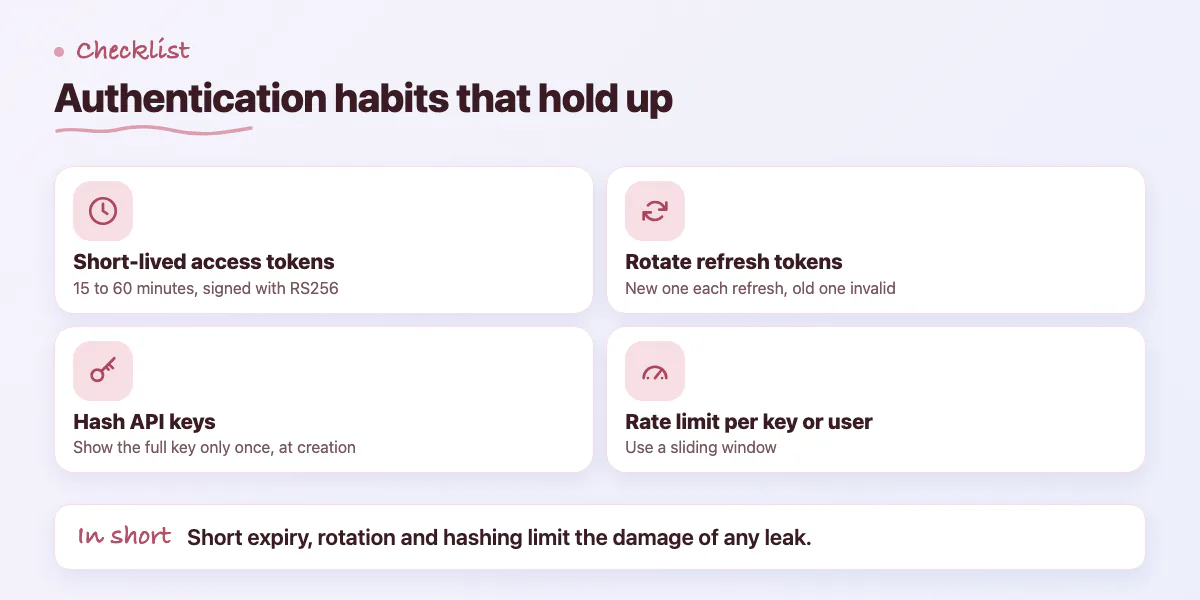 Checklist of API authentication practices: short-lived tokens, refresh rotation, hashed keys and rate limiting