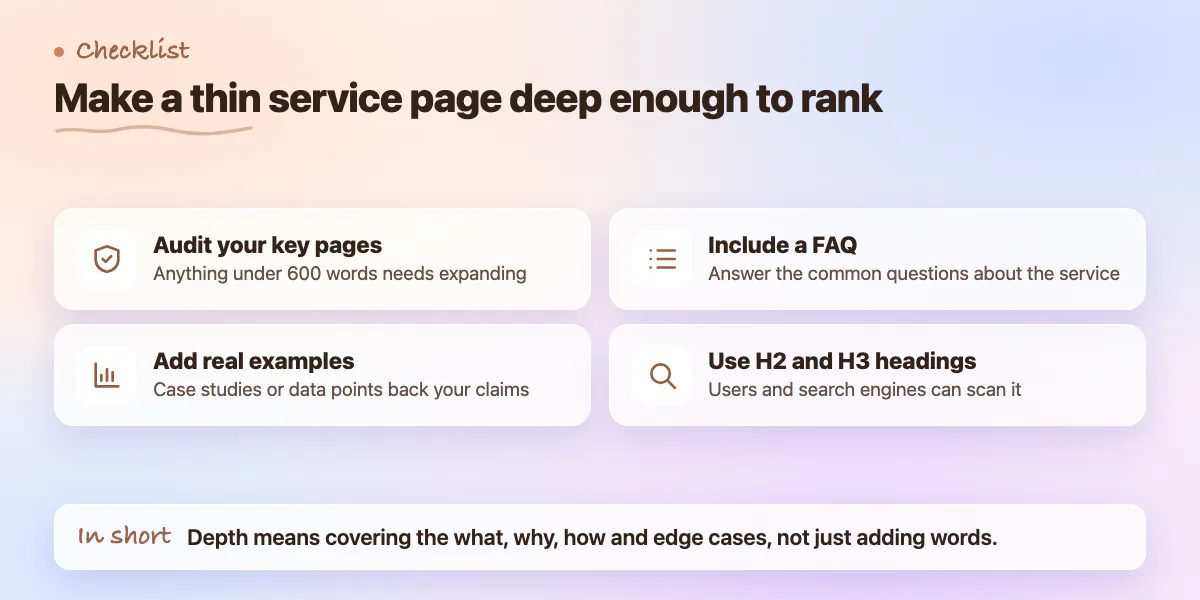 Checklist: audit key pages, add examples, include a FAQ, use headings