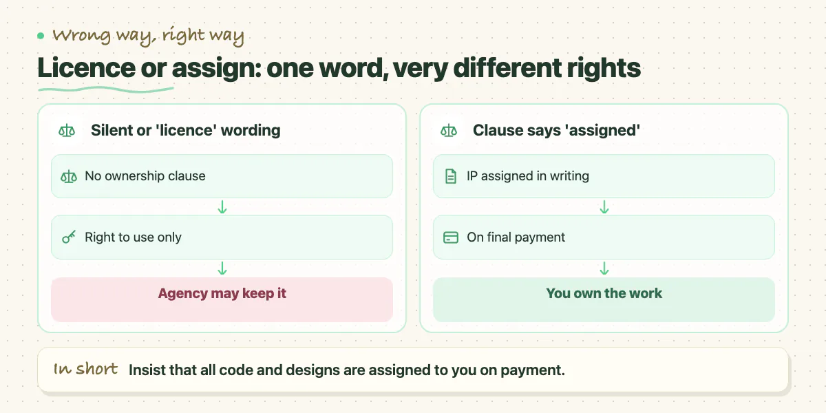 Two lanes: silent or licence wording gives only a right to use; an assignment clause on final payment gives you ownership