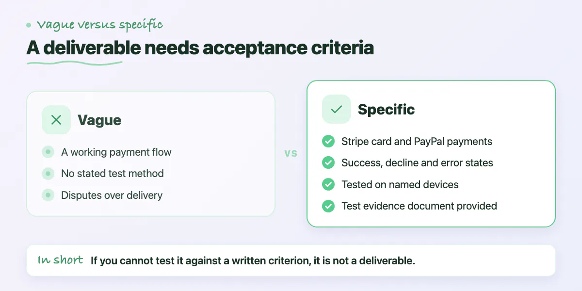 Comparison of a vague deliverable with a specific one that lists payment methods, states, devices and test evidence