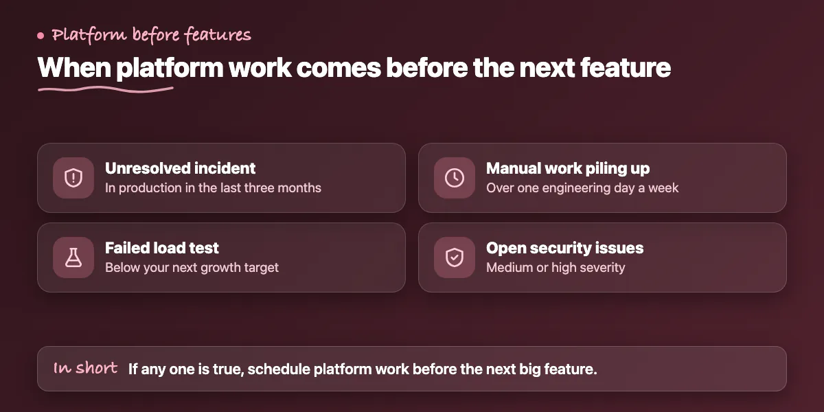 Checklist: unresolved incident, failed load test, heavy manual work or open security issues mean platform work comes first