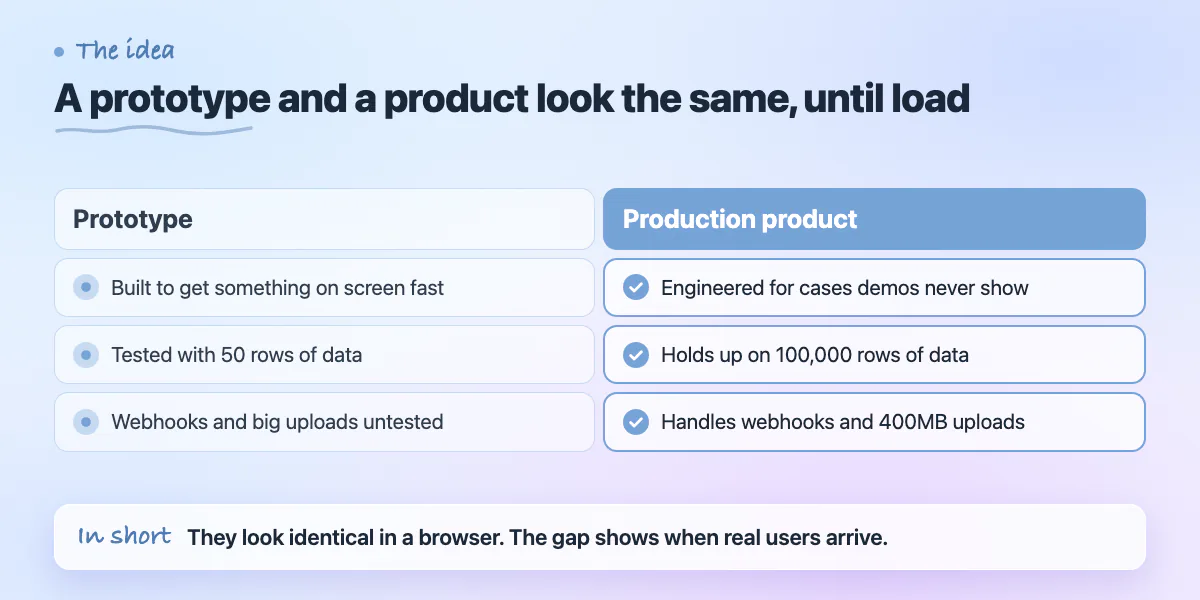 Comparison of a prototype and a production product across build goal, data volume and edge cases