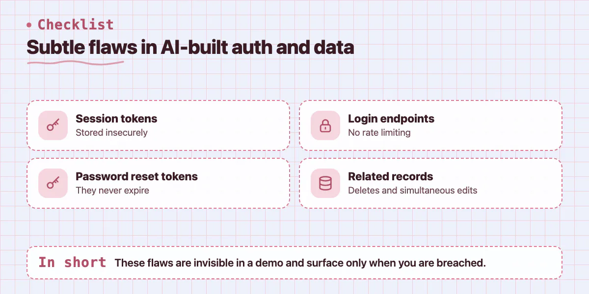 Checklist of four flaws in AI-built code: session tokens, reset tokens, login rate limiting, data integrity