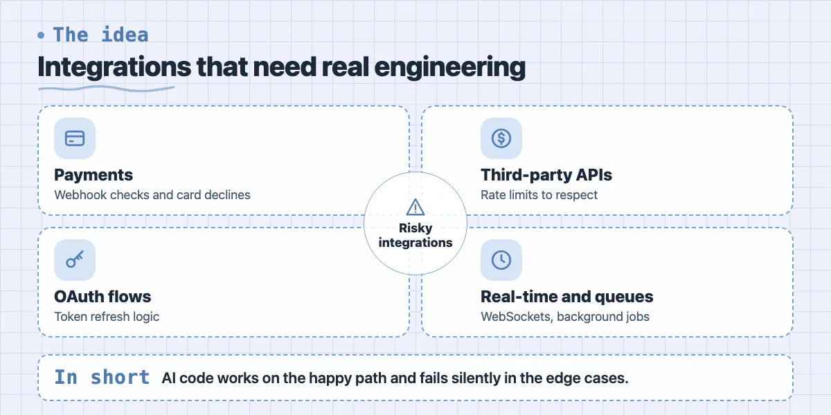 Hub diagram of integrations needing real engineering: payments, third-party APIs, OAuth flows, real-time and queues