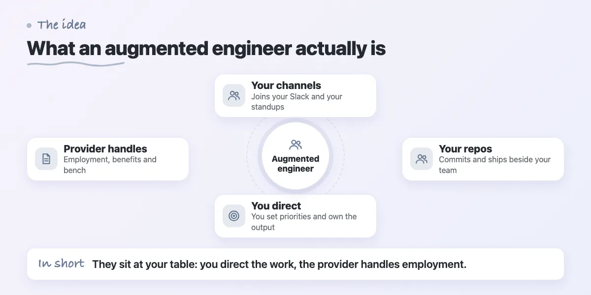 Hub diagram: an augmented engineer joins your channels and repos, you direct the work, the provider handles employment