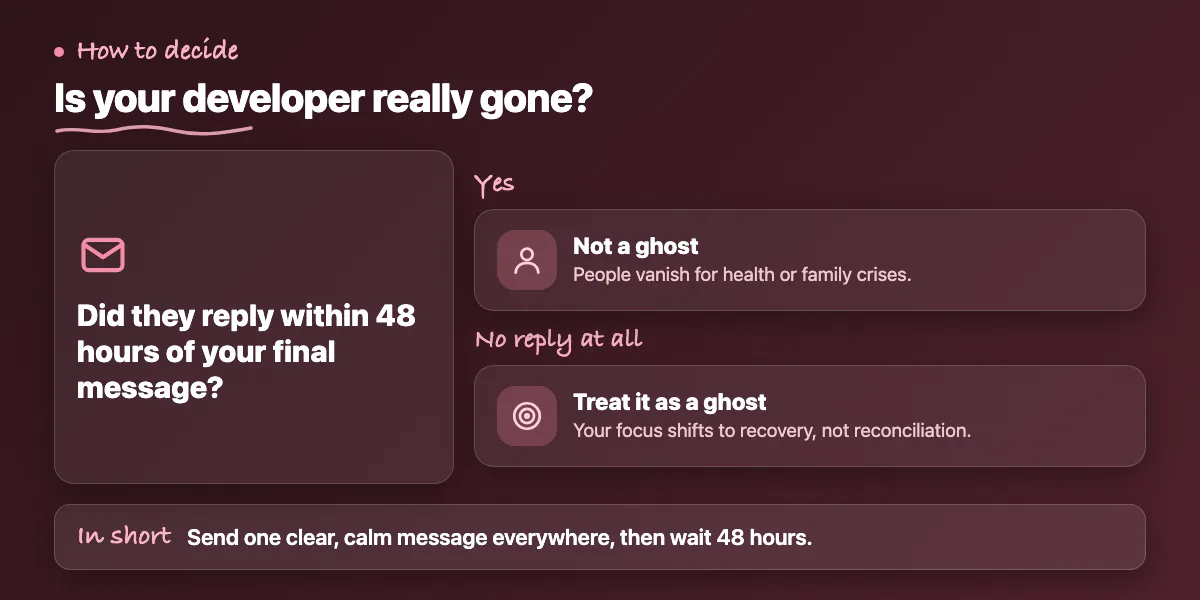 Decision chart: if the developer replies within 48 hours it is not a ghost; if not, switch to recovery