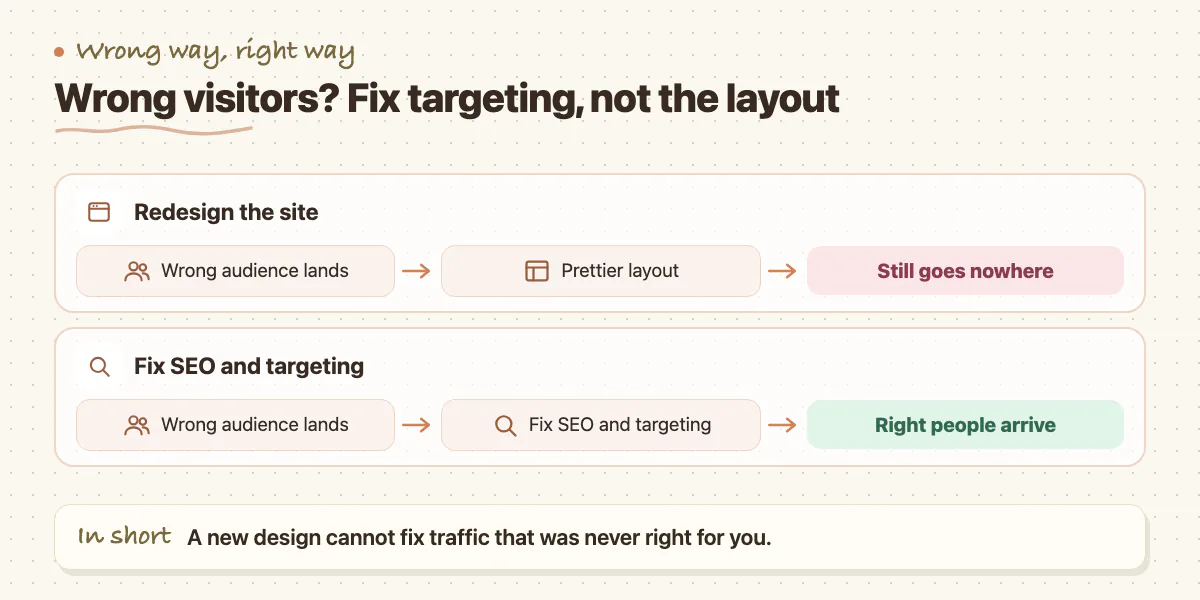 Two lanes: redesigning a site that gets the wrong audience goes nowhere; fixing SEO and targeting brings the right visitors