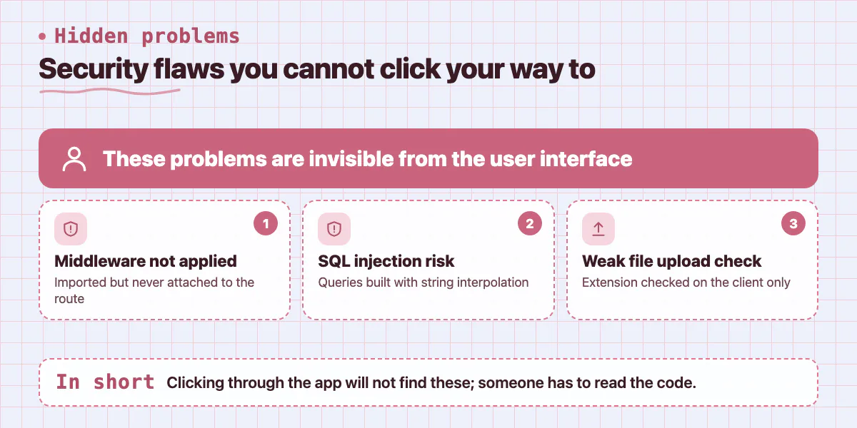 Callout: three hidden security problems in AI-generated code, unapplied auth middleware, SQL injection and weak upload checks