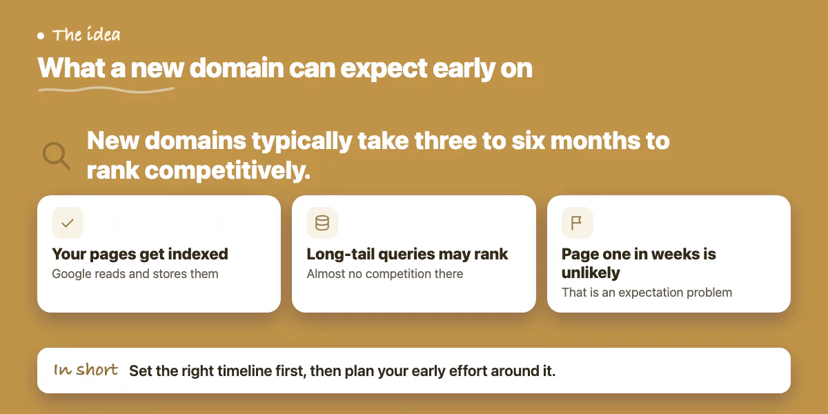 Callout: new domains take three to six months to rank, with what to expect meanwhile
