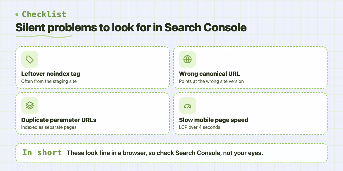 Checklist of four silent ranking problems: noindex, wrong canonical, duplicate URLs, slow mobile speed