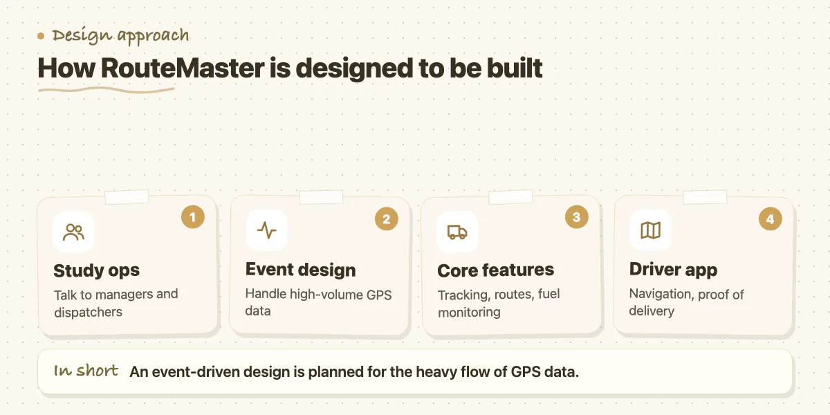 Four steps: study operations, event-driven design, core features, driver app